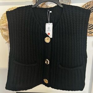 NWT Black Women's V-Neck Sweater Vest with Gold Button Accents
